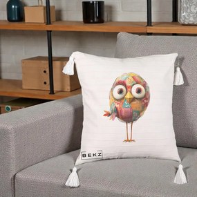 Perna Decorativa Pasare Patchwork cu Gene Lungi, 40x40 cm, Bej cu Franjuri, Husa Detasabila, Perna Inclusa, BEKZ®