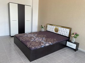 Dormitor Family, culoare magia (wenge) / alb, cu pat tapitat 160 x 200 cm, dulap 123 cm si 2 noptiere