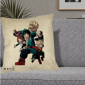 Perna Personalizata My Hero Academia Izuku Deku si Echipa, 40x40 cm, Crem, Husa Detasabila, Perna Inclusa, BEKZ®