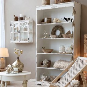 Bibliotecă shabby chic din lemn cu finisaj antichizat crem, 5 rafturi, 106×39×200 cm, „Violette"