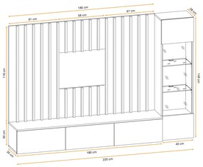 Set mobila living, suspendata, prindere perete, cu riflaj inclus, usi deschidere prin apasare, vitrina cu led, stejar artisan -lamele riflaj negre gri