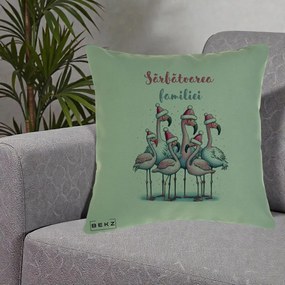 Perna Decorativa Flamingo Craciun Sarbatoarea Familiei, 40x40 cm, Verde, Husa Detasabila, Perna Inclusa, BEKZ®