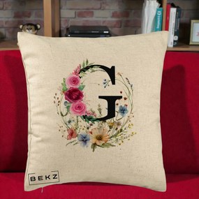 Cadou Personalizat - Perna Personalizata Monogram Litera G cu Flori Acuarela, 40x40 cm, Bej, Husa Detasabila, Perna Inclusa, BEKZ®