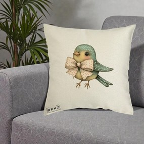 Perna Decorativa Pasare Teal cu Fundita cu Buline, 40x40 cm, Ecru, Husa Detasabila, Perna Inclusa, BEKZ®