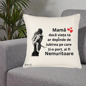 Cadou pentru Mama - Perna Personalizata Mama Nemuritoare Gravura Vintage, 40x40 cm, Crem Reliefat, Husa Detasabila, Perna Inclusa, BEKZ®