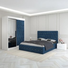 Set Mobila De Dormitor Eric Albastru, Usa Tapitata, pat tapitat 160x200cm, dulap cu oglinda 150x210cm, noptiere