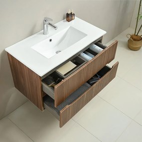 Mobilier de baie Trent 100 cm cu chiuvetă ceramică (2 sertare) și oglindă 60x100 cm stejar apus de soare