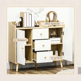 HOMCOM Comodă cu 3 Sertare și 2 Dulapuri cu Rafturi, Bufet Modern din PAL și Lemn de Pin, 90x32x80 cm, Alb | Aosom Romania