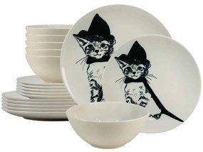 Set Complet Serviciu De Masa Wizard Cat cu 18 piese, Alb Ivoire cu Pisica