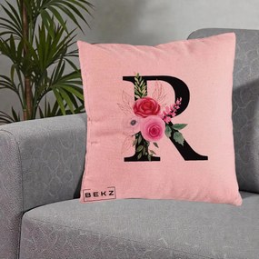 Cadou Personalizat - Perna Personalizata Monograma Florala Litera R, 40x40 cm, Roz, Husa Detasabila, Perna Inclusa, BEKZ®