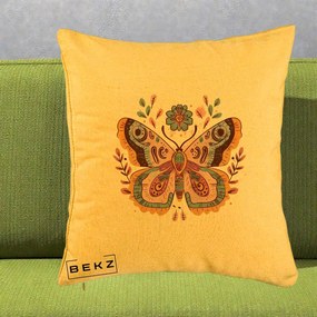 Perna Decorativa Fluture Boho Floral, 40x40 cm, Galben, Husa Detasabila, Perna Inclusa, BEKZ®