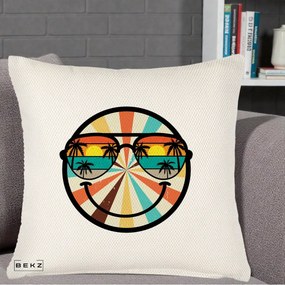Perna Decorativa Smiley Face Retro Sunset Palmieri, 40x40 cm, Crem Reliefat, Husa Detasabila, Perna Inclusa, BEKZ®