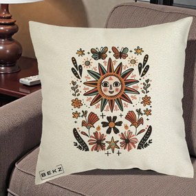 Perna Decorativa Soare Boho Folk Fluturi, 40x40 cm, Ecru, Husa Detasabila, Perna Inclusa, BEKZ®