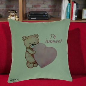 Cadou Romantic - Perna Personalizata Te Iubesc Ursulet cu Inima Roz Acuarela, 40x40 cm, Verde, Husa Detasabila, Perna Inclusa, BEKZ®