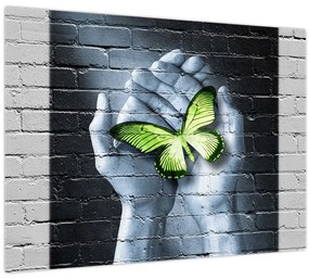 Tablou pe sticlă - Fluture verde în perete (70x50 cm)