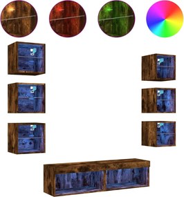 vidaXL Unități de perete TV cu LED-uri, 8 piese, stejar fumuriu, lemn