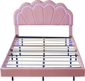 PARC7 - Pat tapitat cu LED, 140 x 200 cm - patut copii, fetite - Catifea Roz sau Crem