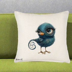 Perna Decorativa Pasare Teal cu Motive Aurii si Coada Spiralata, 40x40 cm, Crem Reliefat, Husa Detasabila, Perna Inclusa, BEKZ®