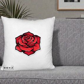 Perna Decorativa Trandafir Rosu Tattoo, 40x40 cm, Alb Pufos, Husa Detasabila, Perna Inclusa, BEKZ®