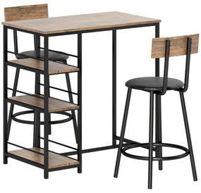 HOMCOM Set de 3 piese pentru bucatarie cu bar si 2 scaune, Set de bucatarie compact cu rafturi laterale, MDF, Metal, Stejar | Aosom Romania