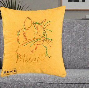 Perna Personalizata Pisica Meow Arta Linie Colorata, 40x40 cm, Galben, Husa Detasabila, Perna Inclusa, BEKZ®