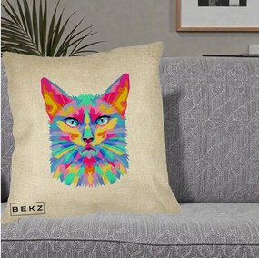Perna Decorativa Pisica Pop Art Multicolor, 40x40 cm, Crem, Husa Detasabila, Perna Inclusa, BEKZ®
