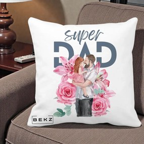 Cadou pentru Tata - Perna Personalizata Super Dad Tata cu Fetita si Flori, 40x40 cm, Alba Mata, Husa Detasabila, Perna Inclusa, BEKZ®