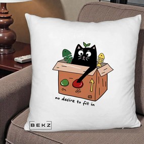 Perna Decorativa Pisica in Cutie No Desire to Fit In, 40x40 cm, Alb Pufos, Husa Detasabila, Perna Inclusa, BEKZ®