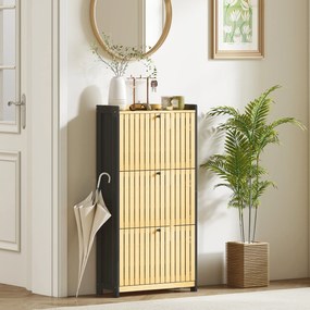 HOMCOM Mobila pentru pantofi 18 perechi cu 3 sertare rabatabile, uși din bambus cu lamele, 60x24x118cm, negru și lemn natural | Aosom Romania