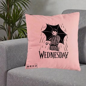 Perna Personalizata Wednesday cu Umbrela Ploaie Lineart, 40x40 cm, Roz, Husa Detasabila, Perna Inclusa, BEKZ®