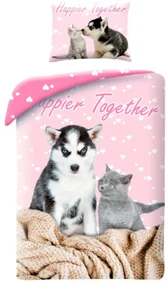 Animale Happier Together Set de lenjerie de pat cu pisici și câini 140x200cm, 70x90 cm