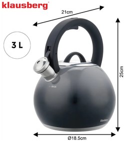Ceainic cu fluier Klausberg KB 7955, 3l, Mâner izolat termic, Fund multistrat, Inducție, Gri închis grafit