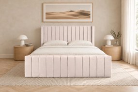 Pat tapițat din catifea Aurelia Simple 180×200 cm, crem, cu ladă de depozitare