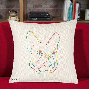 Perna Decorativa Bulldog Francez Line Art Curcubeu, 40x40 cm, Crem Reliefat, Husa Detasabila, Perna Inclusa, BEKZ®