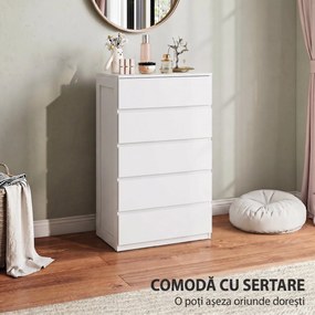HOMCOM Dulap cu 5 Sertare pentru Dormitor, Dulap Depozitare cu Glisiere Metalice și Canelură, Cufăr Alb, Ideal pentru Spațiu și Stil | Aosom România