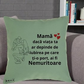 Cadou pentru Mama - Perna Personalizata Mama Nemuritoare Portret Graphic, 40x40 cm, Verde, Husa Detasabila, Perna Inclusa, BEKZ®