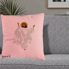 Perna Decorativa Iisus Hristos Invierea Silueta Minimalista, 40x40 cm, Roz, Husa Detasabila, Perna Inclusa, BEKZ®