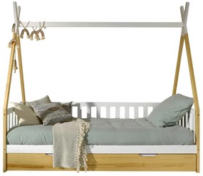 Set TIPI este format din Pat copii înalt cu gard (90 x 200 cm) și un sertar în culoare culoare lemn natural.