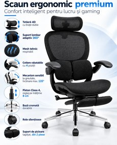 Scaun ergonomic MORATTI D5, Suport lombar dual 360°, Tetieră 4D, Șezut Zero-Pressure Frameless Mesh, Cotiere Flip-Back 4 poziții, Reclinare 135°, Suport picioare, Negru