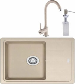 Set chiuveta bucatarie compozit Franke Basis 1 cuva cu picurator 62x50 cm reversibila finisaj bej mat cu baterie si dozator detergent