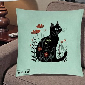 Perna Decorativa Pisica Neagra Flori Rosii Folk, 40x40 cm, Verde Menta, Husa Detasabila, Perna Inclusa, BEKZ®