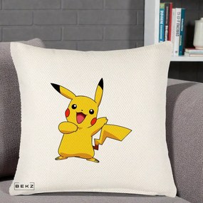 Perna Personalizata Pikachu Fericit, 40x40 cm, Crem Reliefat, Husa Detasabila, Perna Inclusa, BEKZ®