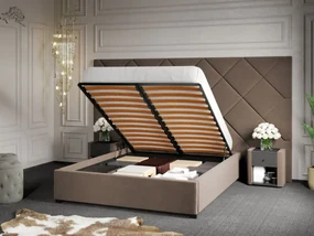 Pat Tapitat cu Panou 305x171 C4 Dubai pentru saltea de 190 rabatabil cu lada Cappuccino - Velluto 29 180x190