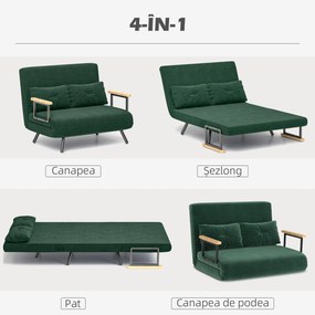 HOMCOM Canapea Pat de 2 Locuri cu Spătar Reglabil pe 5 Nivele, Canapea Pat Pliabilă cu 2 Perne, 102x73x81 cm, Verde | Aosom Romania