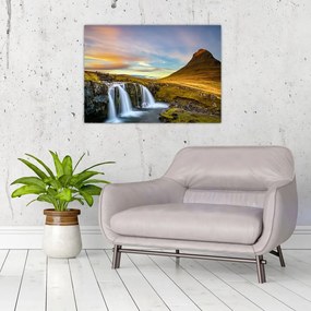 Tablou pe sticlă cu munții și cascade pe Islanda (70x50 cm)