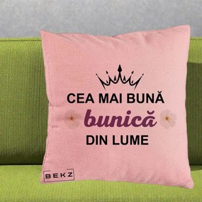 Cadou pentru Bunica - Perna Personalizata Cea Mai Buna Bunica Din Lume Coroana Mov Flori, 40x40 cm, Roz, Husa Detasabila, Perna Inclusa, BEKZ®