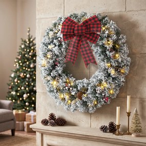 HOMCOM Coroniță de Crăciun 60 cm cu Lumini LED, Fundă în Carouri, Conuri de Pin și Bobițe, Verde | Aosom Romania