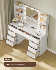 Masuta machiaj cu Oglinda LED si 9 Sertare pentru Cosmetice, Set Masa toaleta 107 cm, Alb, masuta cosmetica, vanity - SEA15