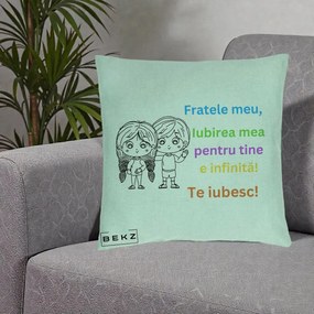 Cadou pentru Frate - Perna Personalizata Fratele Meu Te Iubesc Copii Anime Colorat, 40x40 cm, Verde Menta, Husa Detasabila, Perna Inclusa, BEKZ®