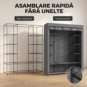 HOMCOM Dulap textil pentru economisirea spațiului, cu bară pentru umerașe și 11 rafturi, 135x45x175 cm, gri, pentru dormitor | Aosom Romania